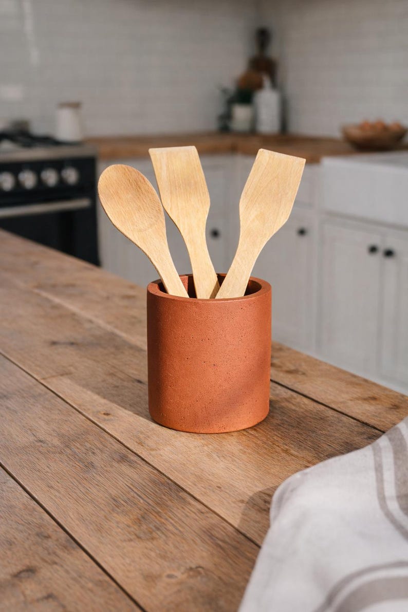 Portautensili in cemento, portautensili rustico, vaso in cemento per bancone da cucina, barattolo in cemento per utensili da cucina, decorazione industriale per cucina Terracotta