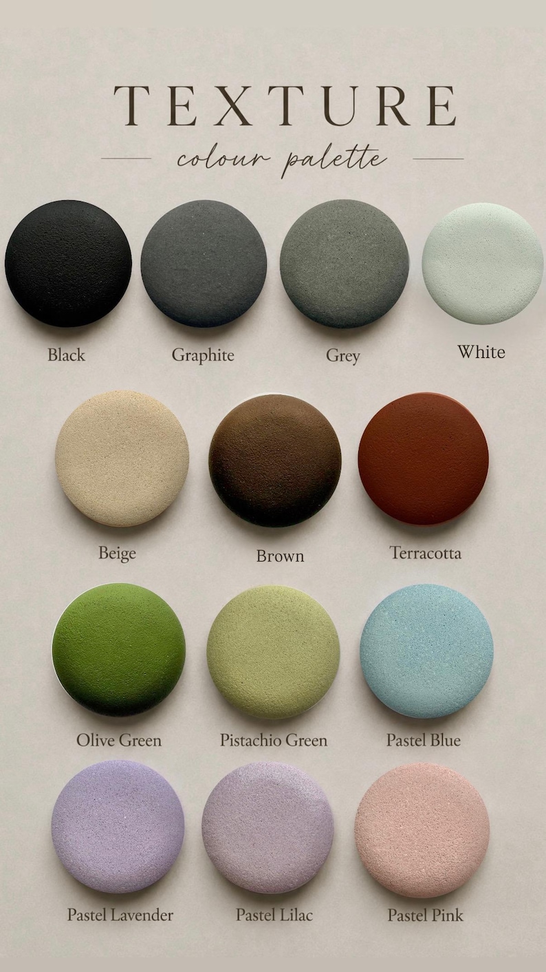 May include: A color palette chart titled TEXTURE colour palette featuring fifteen circular swatches with textured surfaces. The colors include black, graphite, grey, white, beige, brown, terracotta, olive green, pistachio green, pastel blue, pastel lavender, pastel lilac, and pastel pink.