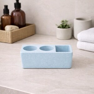 Hållare för elektrisk tandborste i betong, modern bänkorganisatör i badrum, minimalistisk toalettbricka i cement, modern badrumsinredning pastel blue