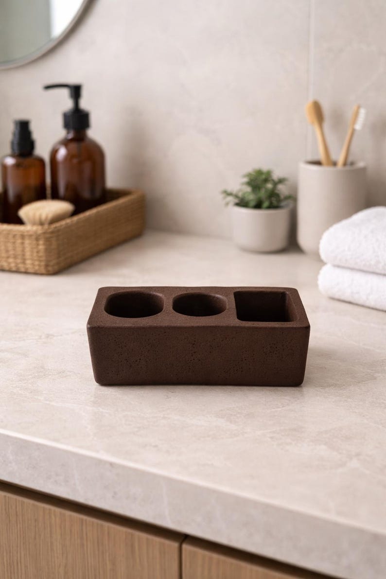 Electric Toothbrush Holder Toothpaste Holder Concrete Bathroom Organizer Bathroom Accessories Brown