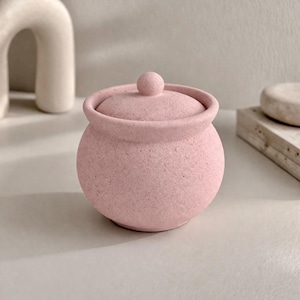 Catchall-opslagcontainer met deksel, pastelroze betonnen pot, minimalistisch neutraal interieuraccent, handgemaakt housewarmingcadeau
