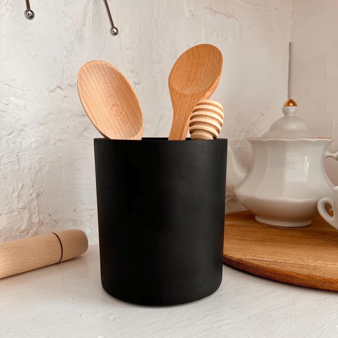 Black Utensil Holder, Concrete Kitchen Organizer Pot, Kitchen Storage ...