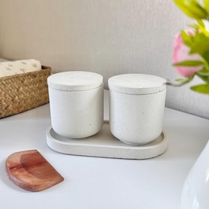 Modern Bathroom Counter Organizer Set - Textured Concrete Canisters and Tray – Q-tip & Cotton Round Storage – Neutral Vanity and Sink Decor