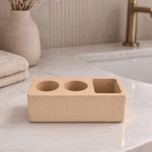 Hållare för elektrisk tandborste i betong, modern bänkorganisatör i badrum, minimalistisk toalettbricka i cement, modern badrumsinredning Beige