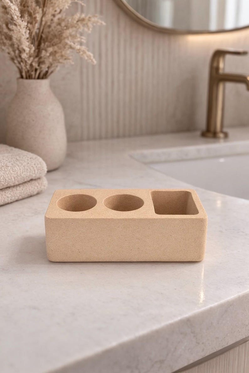 Hållare för elektrisk tandborste i betong, modern bänkorganisatör i badrum, minimalistisk toalettbricka i cement, modern badrumsinredning Beige