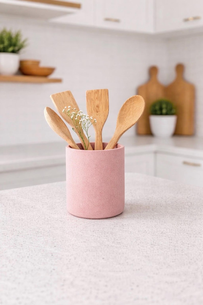 Portautensili in cemento, portautensili rustico, vaso in cemento per bancone da cucina, barattolo in cemento per utensili da cucina, decorazione industriale per cucina pastel pink