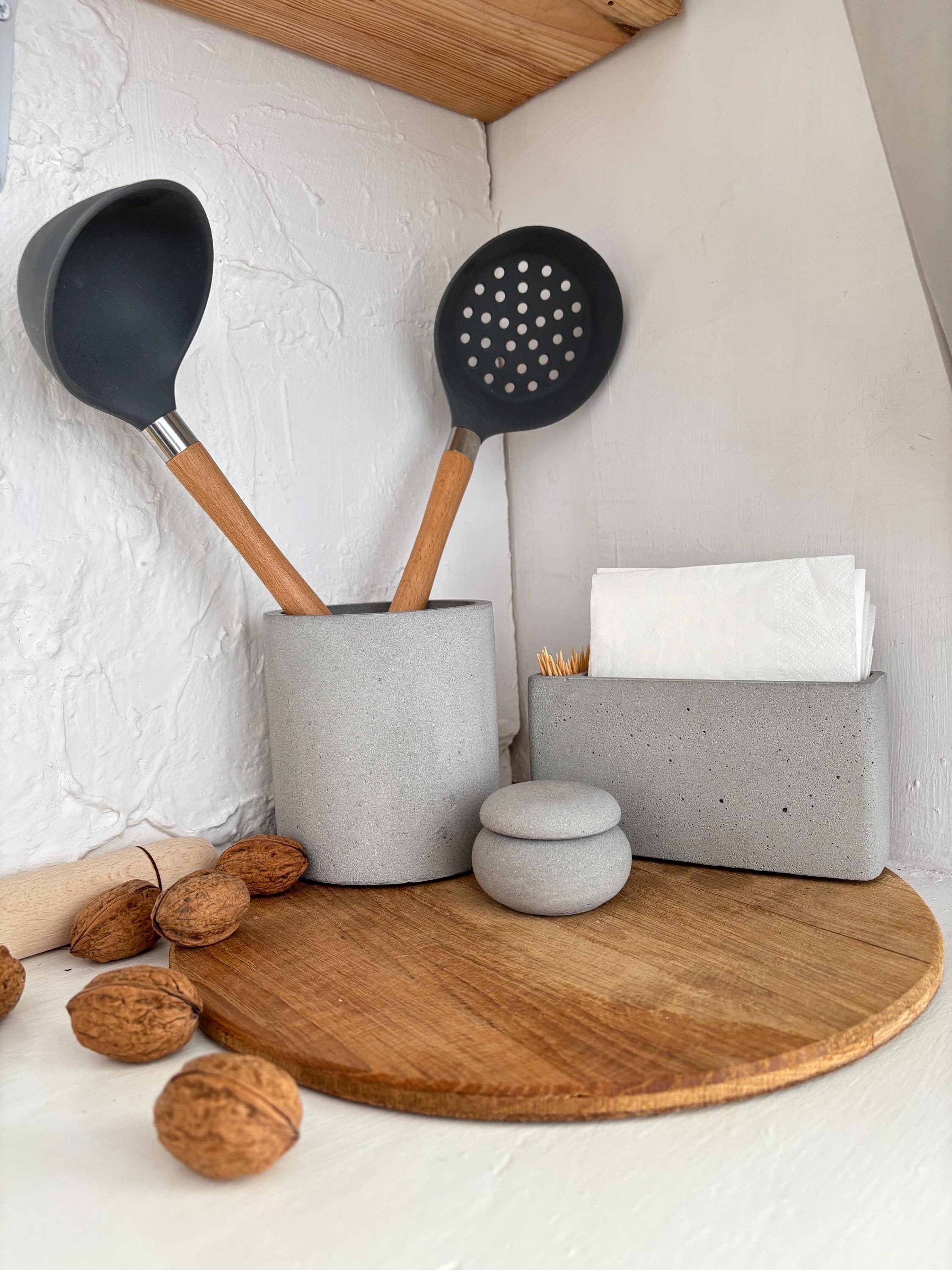 Set Concrete Utensil Holder, Napkin Holder and Toothpick Holder, Salt Cellar, Utensil Crock, Cocktail Napkin Stand, Kitchen Organizer