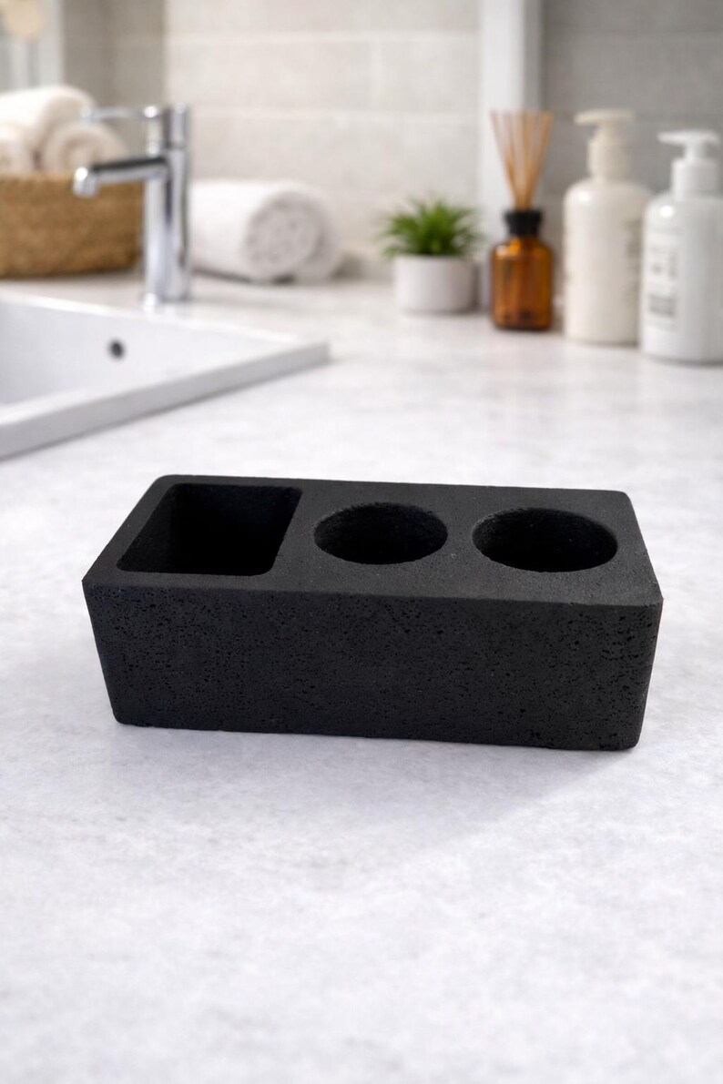 Hållare för elektrisk tandborste i betong, modern bänkorganisatör i badrum, minimalistisk toalettbricka i cement, modern badrumsinredning Svart
