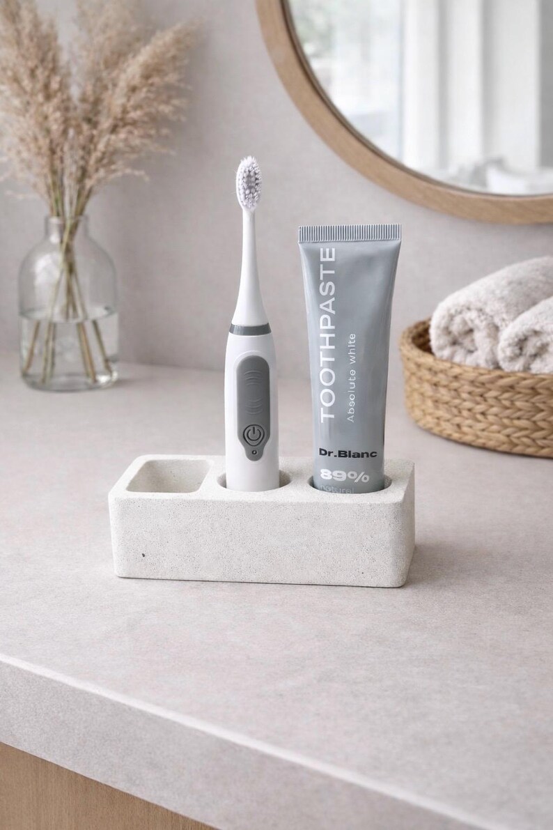 Hållare för elektrisk tandborste i betong, modern bänkorganisatör i badrum, minimalistisk toalettbricka i cement, modern badrumsinredning bild 4