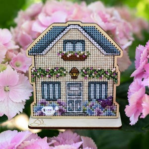 Hydrangeas in the Garden House Cross Stitch Kit on Wood: 3D threads Ornament