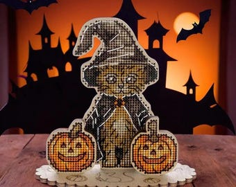 ハロウィンクロスステッチキット：魔女の子猫とカボチャの3Dオーナメント