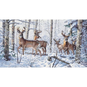 May include: A cross-stitch depiction of a winter forest scene featuring several deer with large antlers. The deer are brown and white, standing in a snowy landscape with bare trees and evergreens. The overall color palette is muted with whites, browns, and grays.