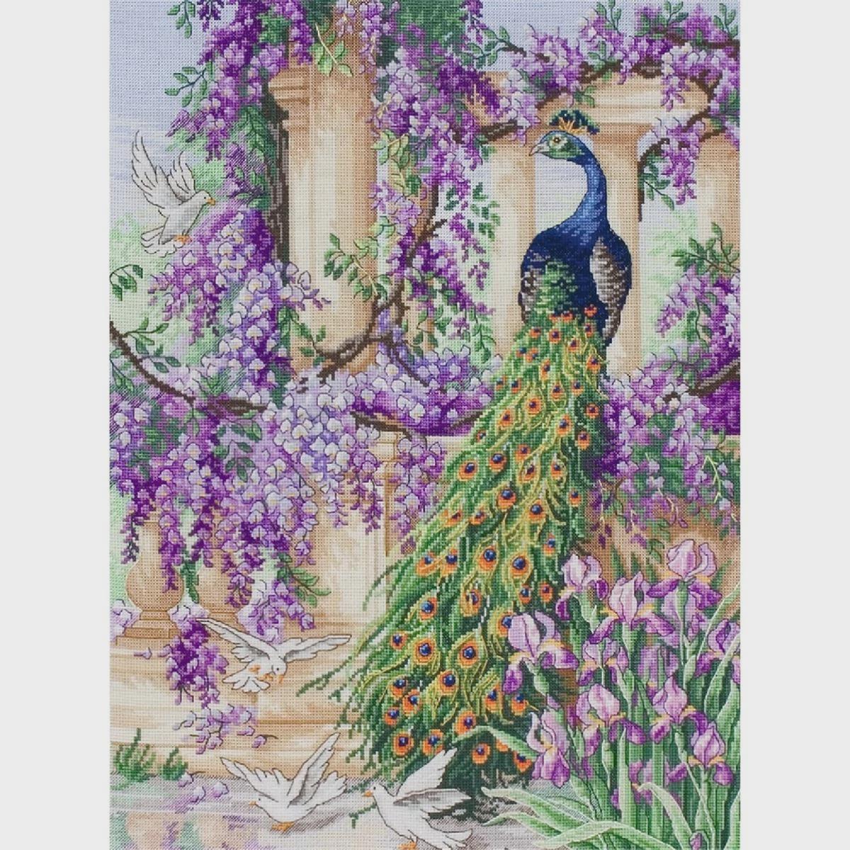 Counted Cross Stitch Kit The Peacock by Anchor Maia | 18 ct White Aida – Elegant Bird & Botanical Design – 5678000-01061