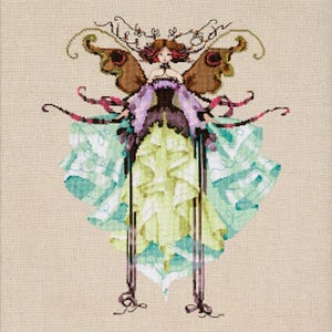 May include: A cross-stitch embroidery on beige fabric depicting a figure with brown hair, large brown moth-like wings, and a layered dress in shades of pale yellow, light blue, and purple. The figure features dark ribbons and intricate line work.