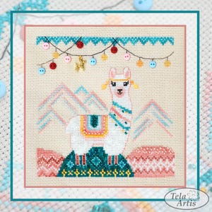 May include: Cross-stitch design featuring a white llama with colorful accents, standing on a green and blue hill. The design includes mountains, a decorative garland, and a gold charm. The background is a light beige fabric.