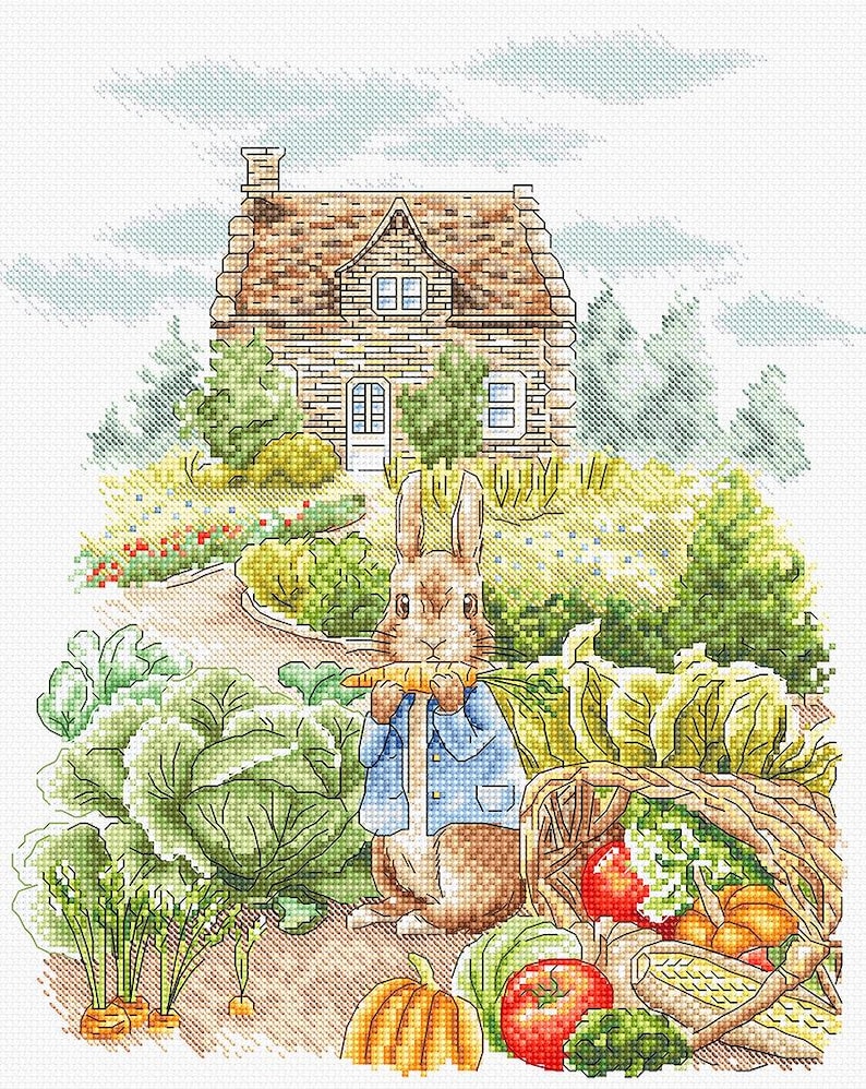 May include: A brown rabbit wearing a blue jacket holds a carrot in its mouth and stands in front of a basket full of vegetables, including tomatoes, corn, and pumpkins. A stone cottage with a brown roof is in the background.