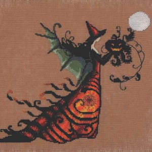 May include: Cross-stitch design of a witch holding a jack-o'-lantern and a moon. The witch wears a black hat and dress with orange and red accents. The background is a solid brown color.