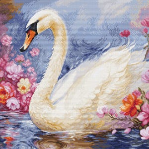 White Swan Cross Stitch Kit, Majestic Bird Water Landscape Embroidery, Floral Peony & Rose
