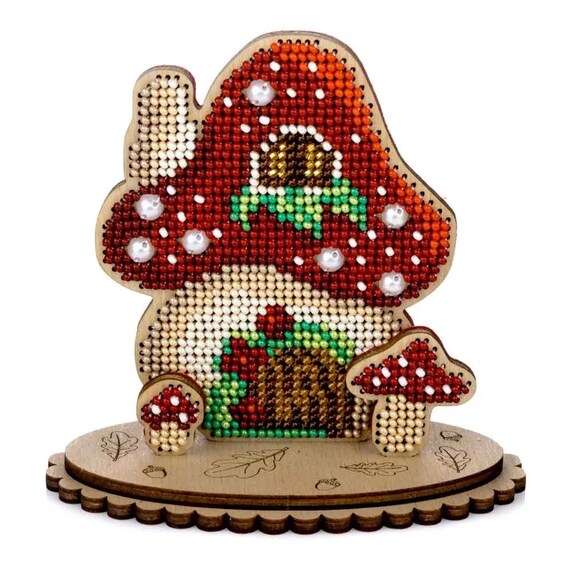 Bead Embroidery Kit on Wood, Mushroom House, LK-558 ( Beads