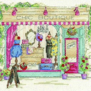 Counted Cross Stitch Kit Chic Boutique by DMC – Vintage Shop Scene with Pearlescent 14ct Aida, 10″×8″, BK1543