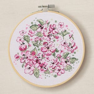Counted Cross Stitch Kit Cherry Blossom by DMC – Pink Floral Spring Design with Hoop, 14ct Aida, 5.7″, BK412