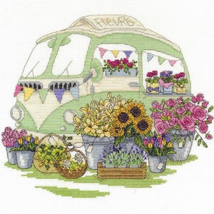 Cross Stitch Kit Flower Bus (Les Fleurs) by DMC – Vintage Florist Van Design with 14ct Aida, 10″×10″, BK1547