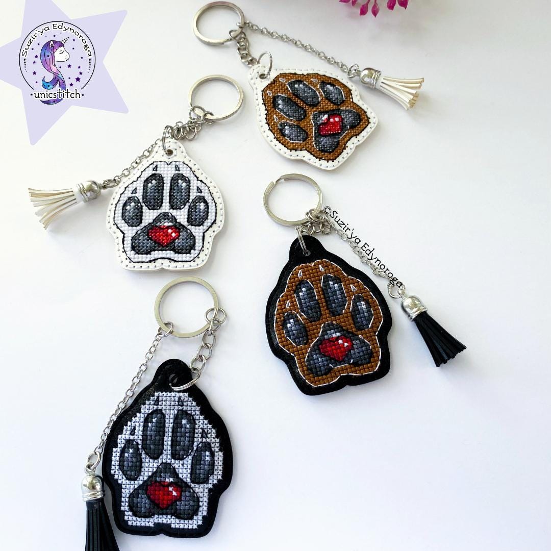 Embroidered Letherette White Dog Paw on White Embroidery Kit: DIY Keychain, Leatherette Base ...