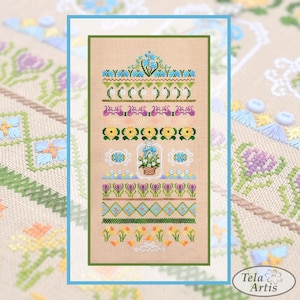 First Flowers Cross Stitch Kit – Tela Artis X-503 – Floral Embroidery Kit – Hand-dyed Threads – German Linen Fabric – Spring Sampler