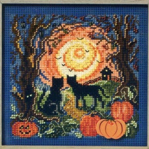 Mill Hill Moonlit Kitties Cross Stitch Kit MH141206, Halloween Black Cats Pumpkin Bead Kit 14ct Paper