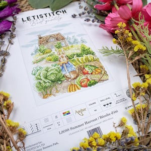 May include: A cross-stitch pattern featuring a rabbit holding a basket of vegetables in front of a cottage. The pattern is titled "L8088 Summer Harvest / R&eacute;colte d'&eacute;t&eacute;" and is by Anchor.