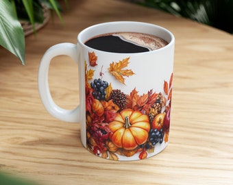 Autumn Harvest Coffee Mug: Vibrant Fall Leaves & Pumpkins