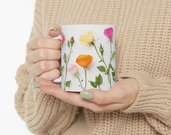 Floral Roses Coffee Mug: Elegant Ceramic Design, 11oz/15oz