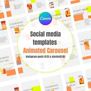 Könnte beinhalten: Ein Grafikdesign mit dem Canva-Logo und dem Text "Social Media Vorlagen" und "Animiertes Karussell". Das Bild enthält auch den Text "Instagram-Posts (4:5) & Stories (9:16)" und verschiedene Designelemente.