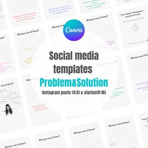 May include: A collection of social media templates for Instagram posts and stories. The design features a Canva logo, the words "Social media templates" in a dark gray font, and "Problem & Solution" in teal.