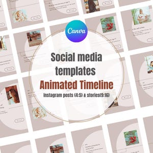 May include: A collection of social media templates for Instagram posts and stories. The design features a Canva logo, with the words "Social media templates" and "Animated Timeline" in a circular design. The templates are designed for Instagram posts (4:5) and stories (9:16).