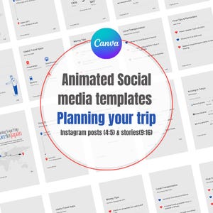 Könnte beinhalten: Canva-Vorlagen für animierte Social-Media-Posts, entworfen für Instagram. Die Vorlagen sind für Beiträge und Stories, mit dem Thema Reiseplanung. Das Design umfasst einen roten Kreis und das Canva-Logo.