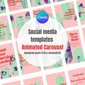 Könnte beinhalten: Social-Media-Vorlagen für Instagram-Posts und -Stories. Das Design zeigt ein Canva-Logo und den Text "Social media templates" und "Animated Carousel". Die Farbpalette umfasst Rosa, Grün und Lila.