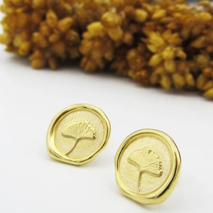 Handcrafted Ginkgo Biloba Symbol Seal Earrings, Oxidized & 18 Carat Gold Plated with 925 Sterling Silver/Bronze Earrings, Turkish Jewelry