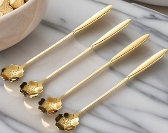 Flower Shaped Golden Long Tablespoons Pack of 4 Spoons Set Dessert Coffee Stainless Steel Tableware Cake Fruit Fork Cutlery Set