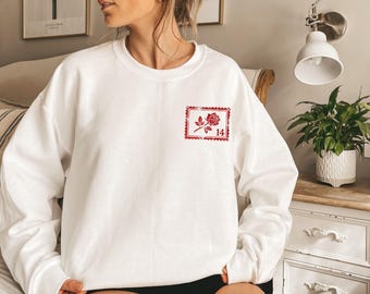 Valentine's Day Rose Stamp Sweatshirt Red Rose Postage Stamp Hoodie February 14th Gift Aesthetic Minimalist V-Day Crewneck Romantic Pullover