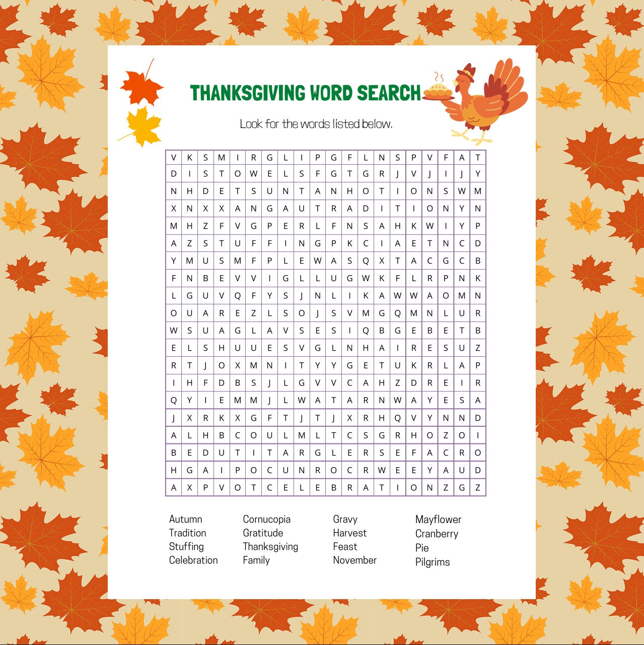 Thanksgiving Word Search Puzzle Family Game Printable Etsy