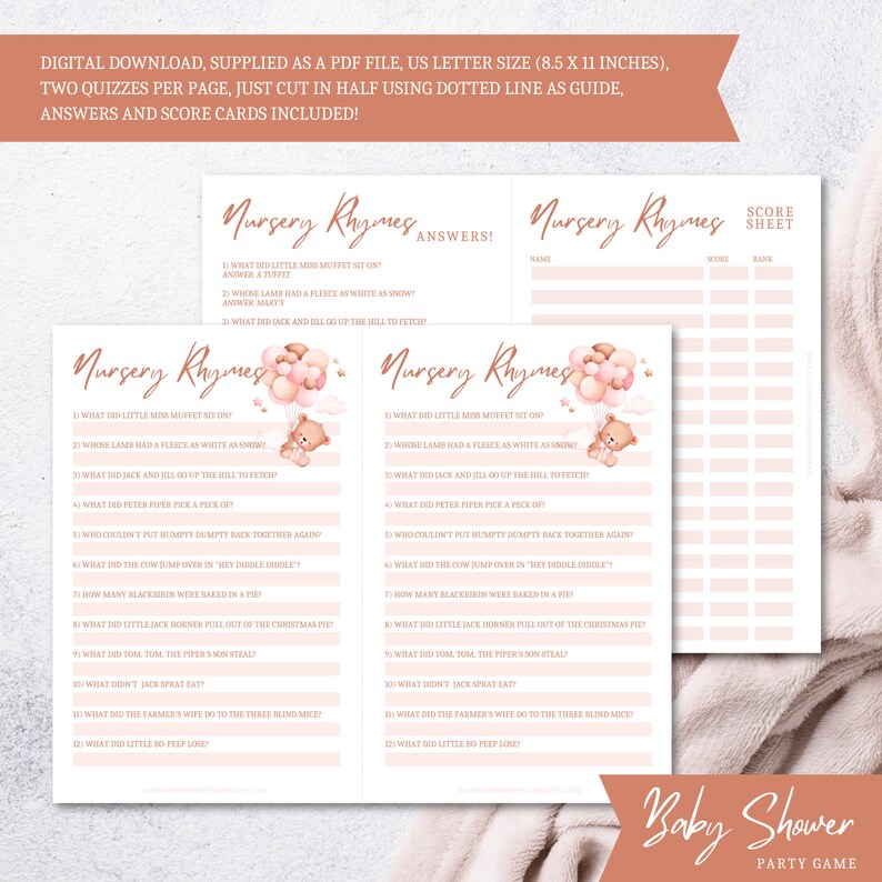 Printable Baby Shower Games, Guess the Nursery Rhymes Game in Pink ...