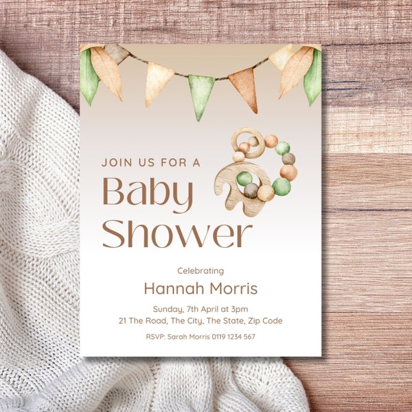 Printable Baby Shower Invite, Editable Canva Template, Gender Neutral Modern Boho Minimalist Style, US Letter Size