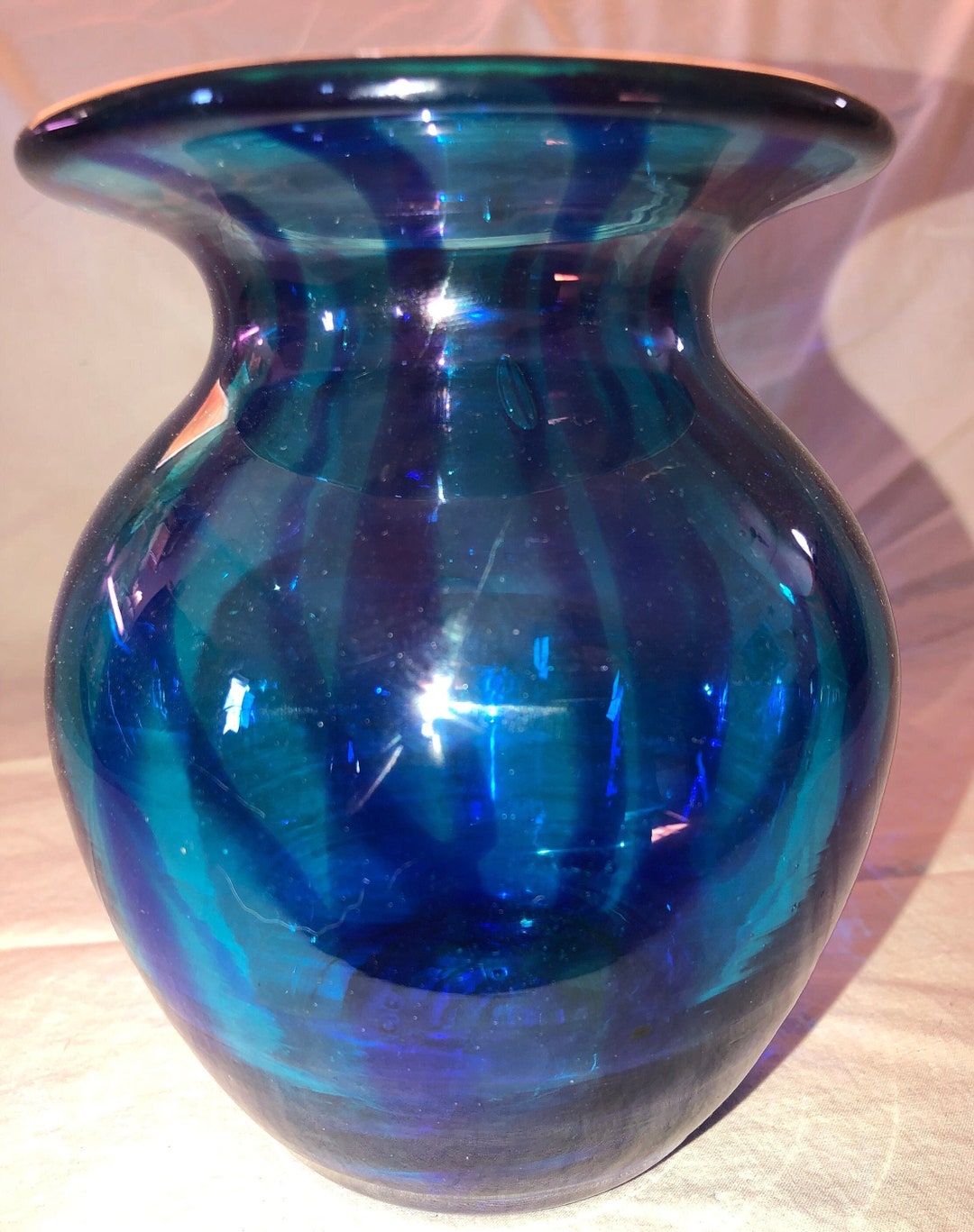 Vintage Hand Blown Balloon Vase Oval Fluted Teal and Royal Etsy