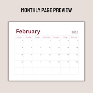 Könnte beinhalten: Vorschau einer weißen Monatskalenderseite für Februar 2026. Das Wort "Februar" ist in Burgunderrot gehalten, mit den Wochentagen und Daten in einem Raster angeordnet. Der Text "MONTHLY PAGE PREVIEW" steht oben.