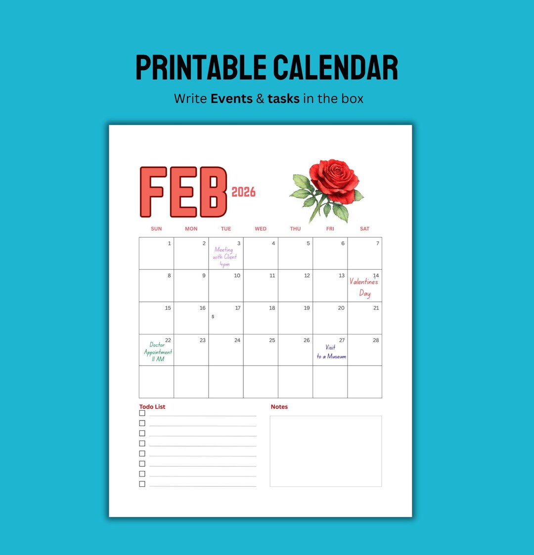 Kalender 2026 zum Ausdrucken | Minimalistischer Planer, To-Do Liste
