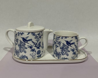 Tea for One - Porcelain Teapot with Mug and Tray / Blue Toile- Bird  Design By Grace's Teaware