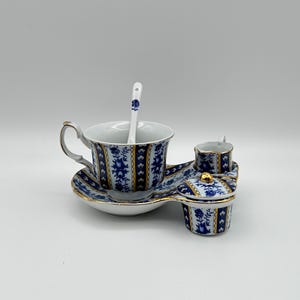 Vintage Sorelle Porcelain Tea Set: Hand-Painted Blue Rose, Italian Craftsmanship