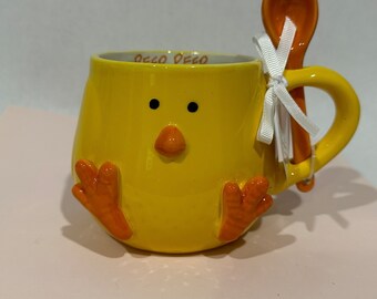 Cute Chick Peep Peep Design Coffee Mug with Spoon - Handcrafted Ceramic Tea Cup