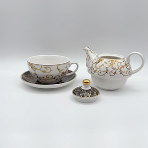 Grace Teaware Tea-for-One Set | Fine Porcelain with Black & Gold Scroll Design